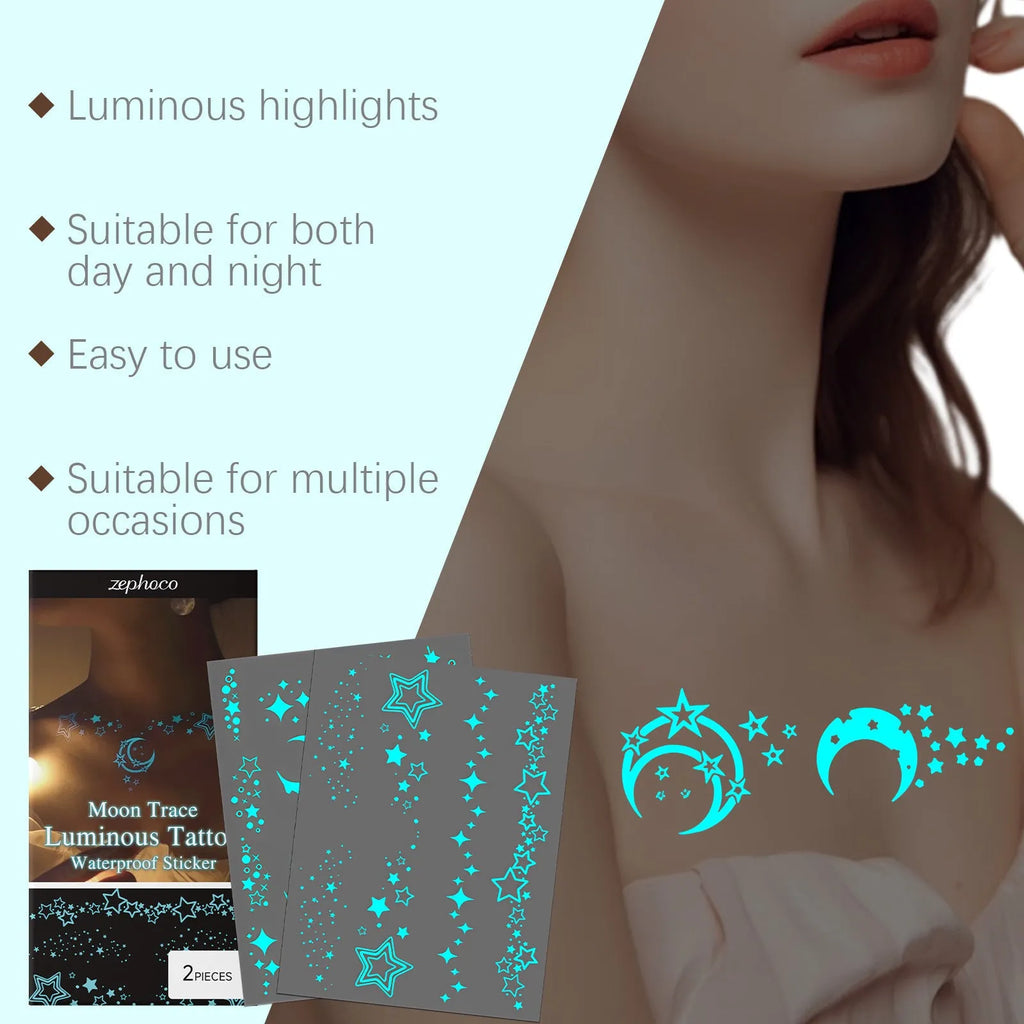 Two luminous glow-in-the-dark tattoo stickers and tube of tattoo paste for party body art.