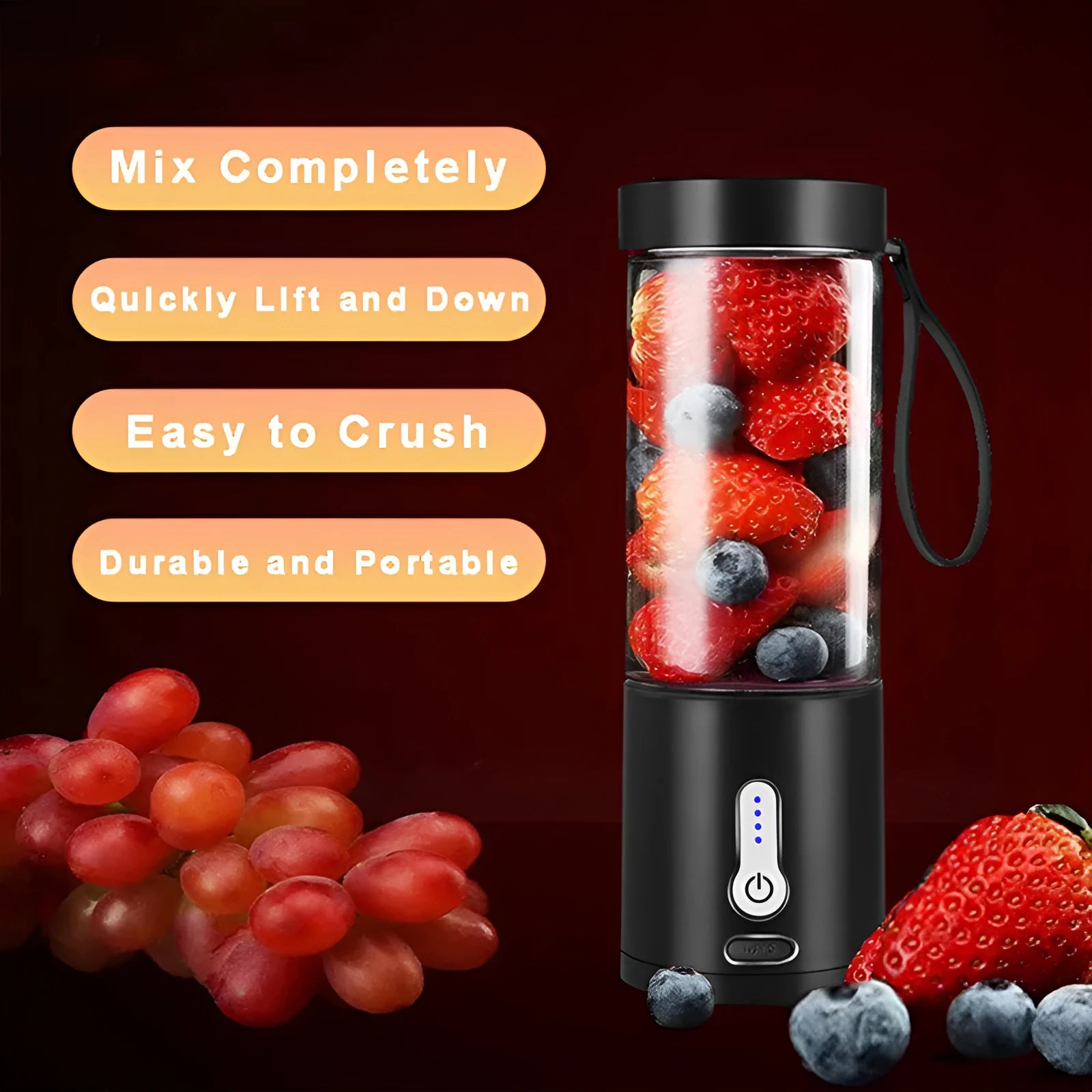 Portable rechargeable travel blender in rose red with 530ml cup and charging base
