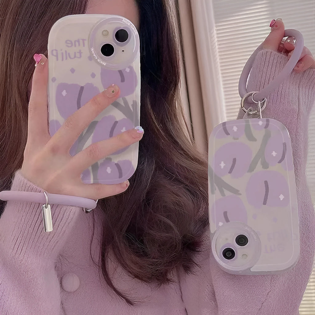 Transparent purple tulip heart lens phone case with purple bracelet for iPhone protection