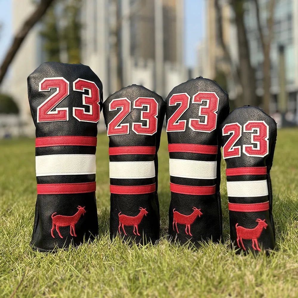 Set of four PU golf club headcovers including a square putter cover and chicken drumstick wood covers