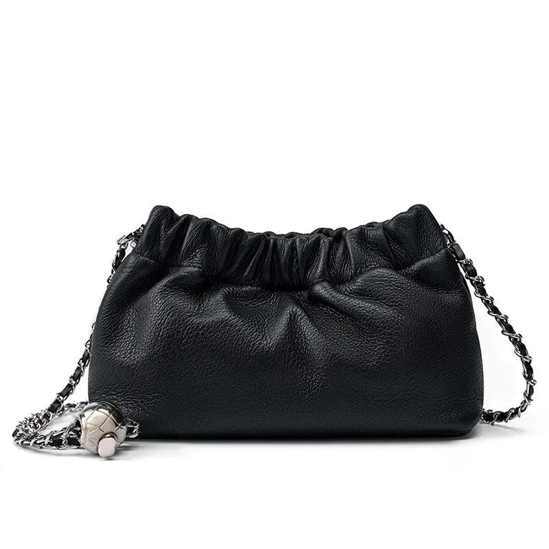 Women's genuine leather dumpling-shaped crossbody bag in black with single shoulder strap