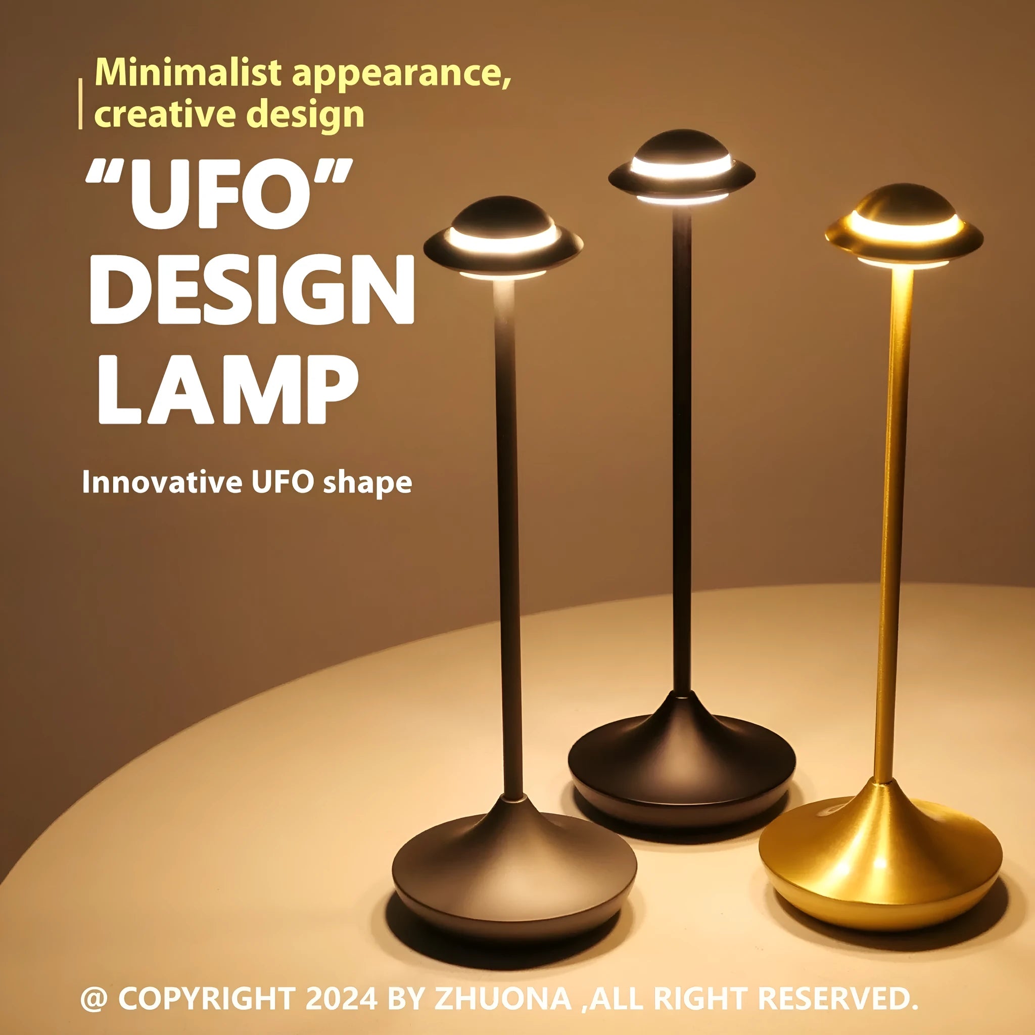 Metallic UFO-shaped rechargeable desk lamp with touch base in black, gold, or grey colour.