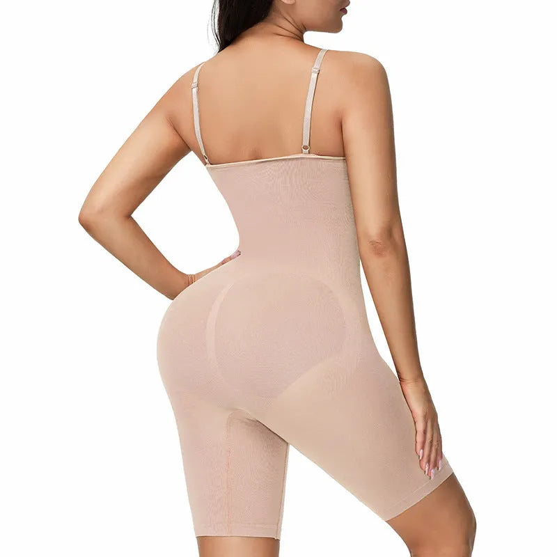 Seamless nylon body-shaping corset jumpsuit in black with belly contracting and chest support