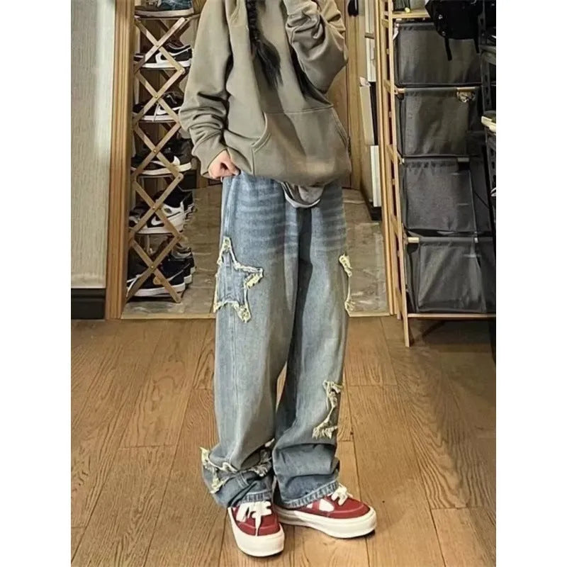 Blue high-waisted wide-leg denim trousers with straight cut in cotton fabric
