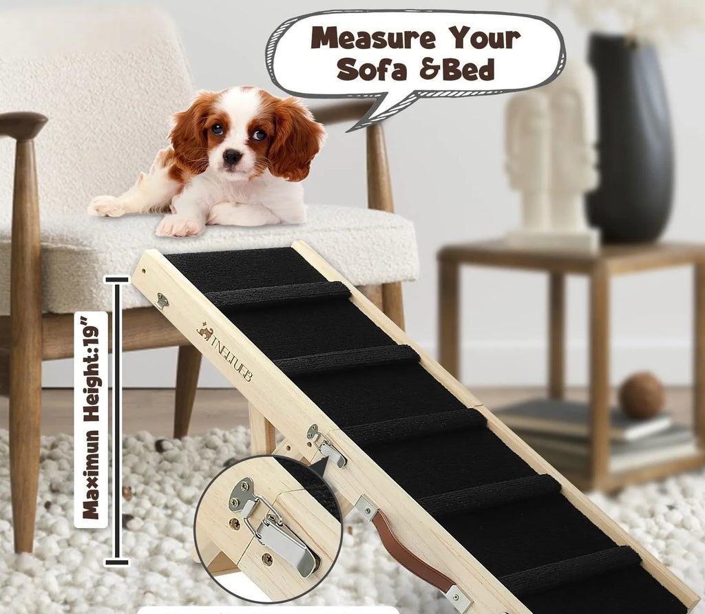 Wooden adjustable pet dog ladder foldable non-slip ramp in wood colour for safe pet access