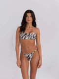 Women's striped bikini swimsuit with adjustable chest and pants straps.