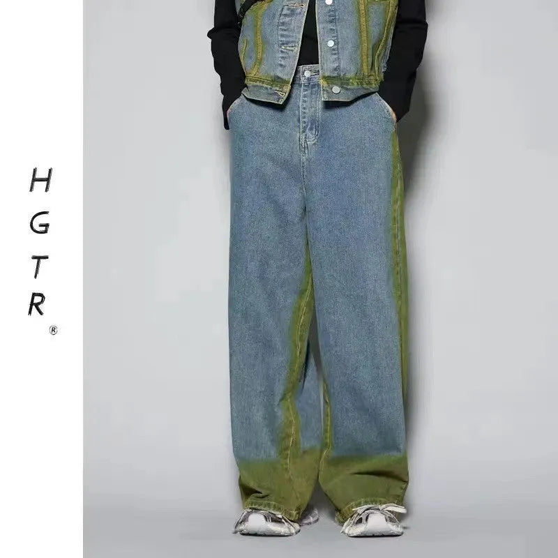 Blue distressed spray gradient fleece-lined vest and jeans two-piece suit set on mannequin
