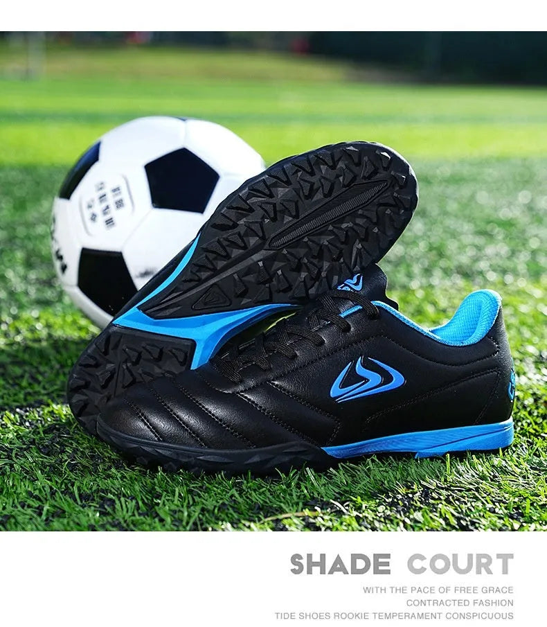 Low-top outdoor soccer shoes in a broken nail colour pattern with a rubber sole and lace-up front.