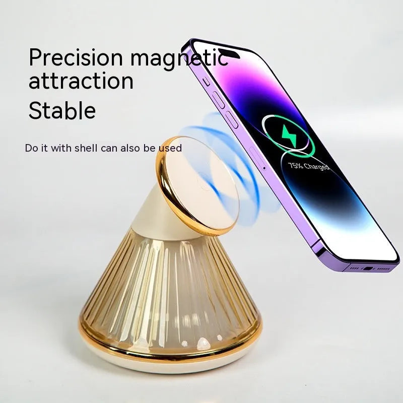 Night table lamp with wireless charging pad showing champagne gold finish and adjustable brightness controls