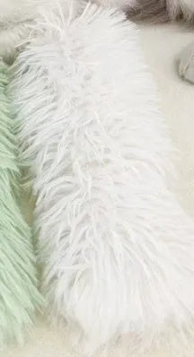 Blue, green, pink, and white cat plush toy pillows measuring 27cm by 10cm.