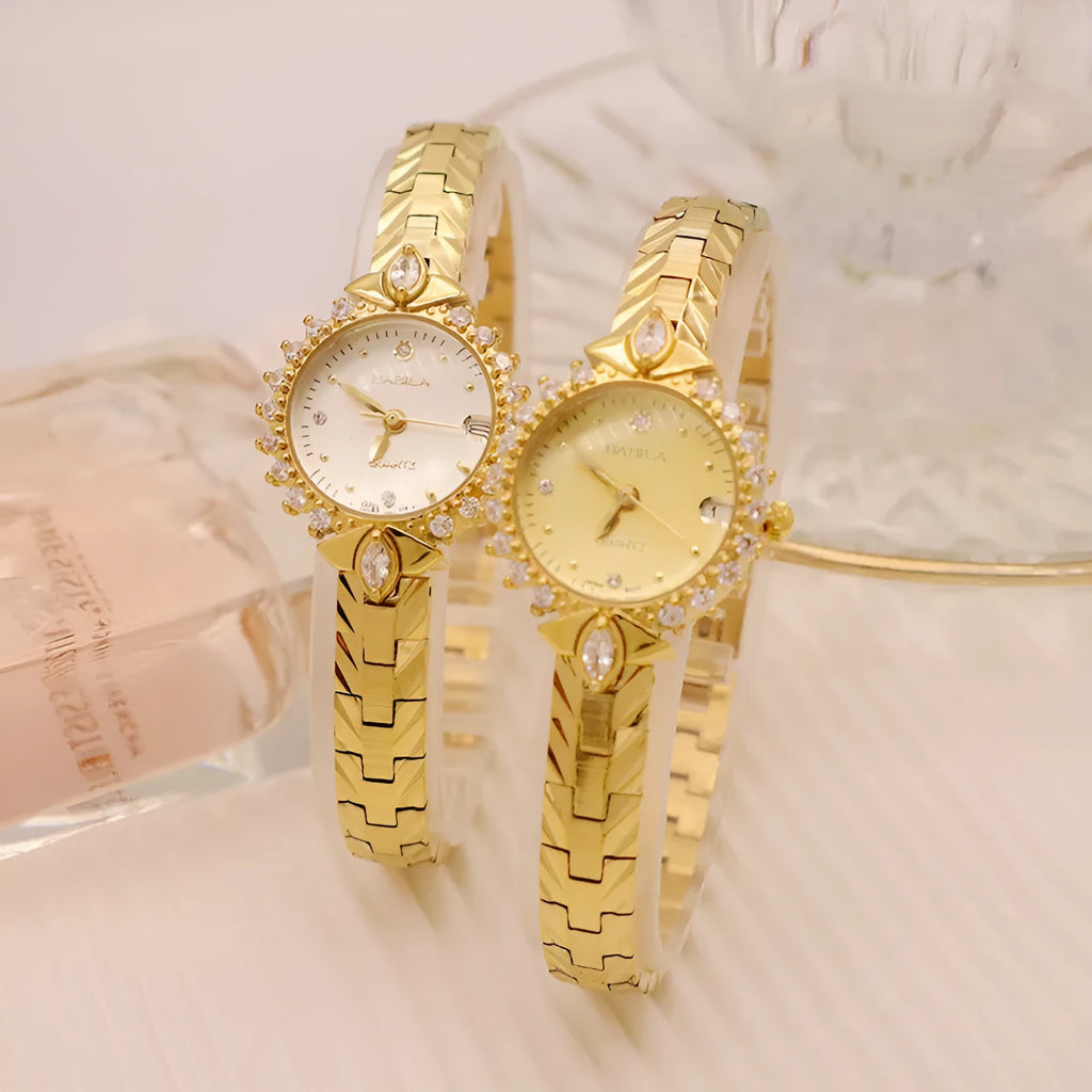 Gold quartz bracelet watch for women with 6mm thickness and embossed vintage detailing