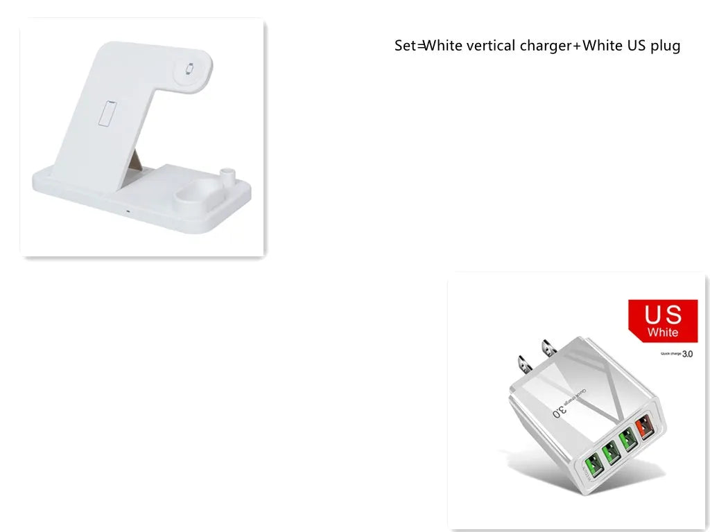 Black 4-in-1 wireless charger with magnetic phone stand charging an iPhone, Apple Watch, and AirPods.