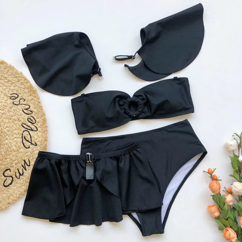 Women's red three-piece bikini swimsuit with flounced design detail