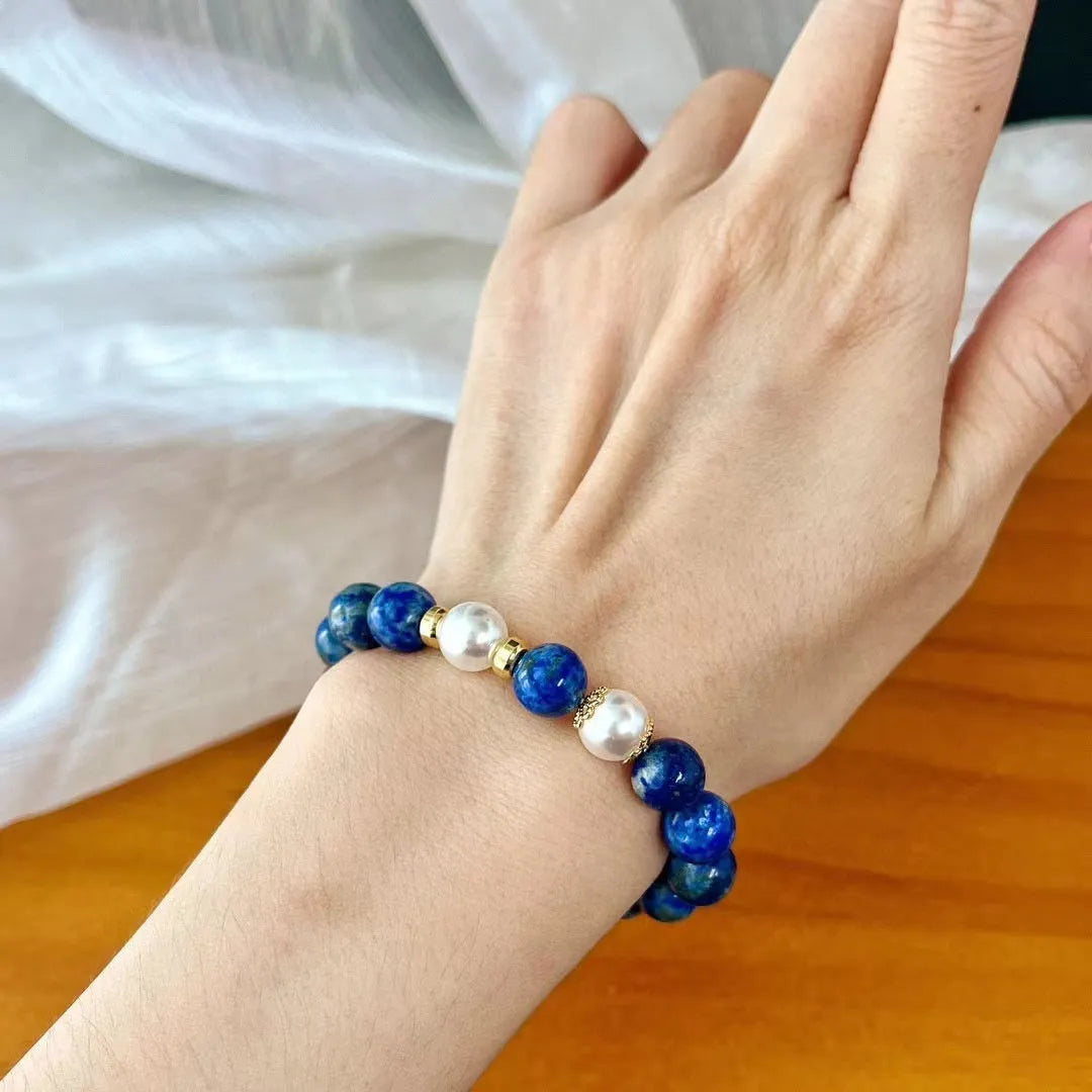 Chinese style lapis lazuli bracelet with green gold stone beads and adjustable clasp