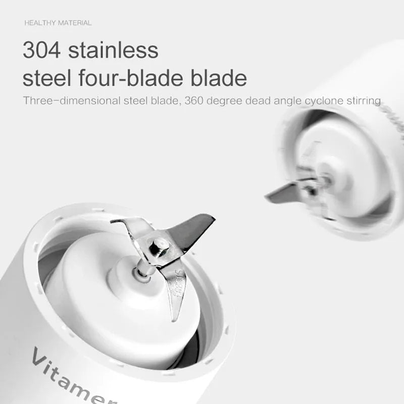 White portable USB rechargeable blender bottle with silicone carry ring, 350ml Tritan cup, and stainless steel blades.