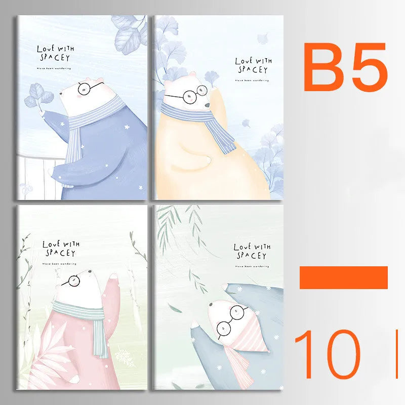 Ten soft cover thread-bound notebooks in A5 and B5 sizes with various designs