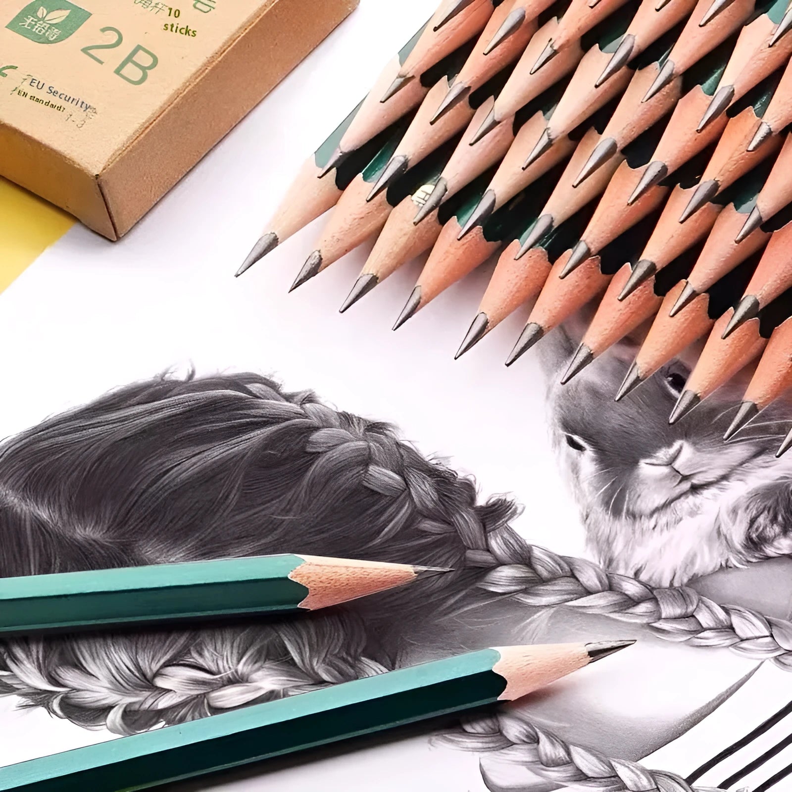 Green box of ten wooden pencils with six-angle shape, showing HB and 2B graphite grades.