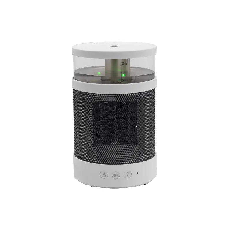 White 3 in 1 portable space heater with 400ml humidifier and colourful night light on a desk