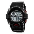 Round dial electronic sports watch with plastic strap in army green, waterproof to 30M.