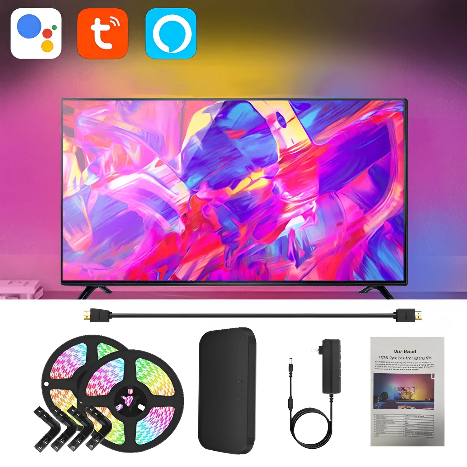 App-controlled TV ambience LED light strip for screen sync colour graffiti effects
