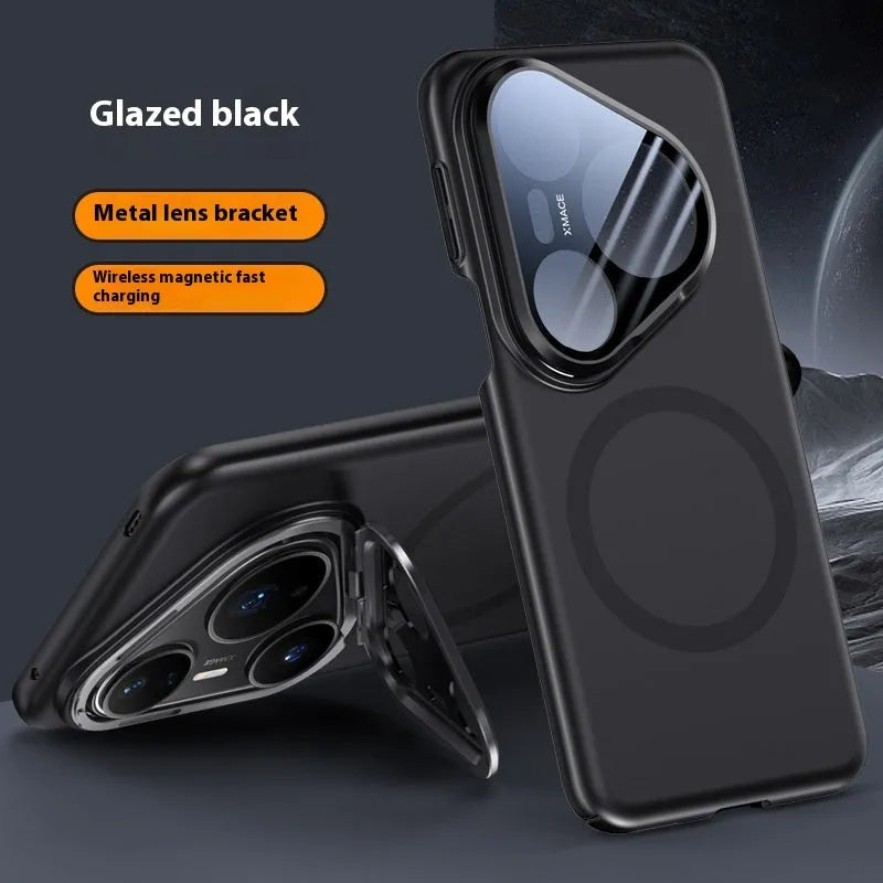 Frosted Huawei P80 series phone case with lens bracket and magnetic features in black, silver and red colours