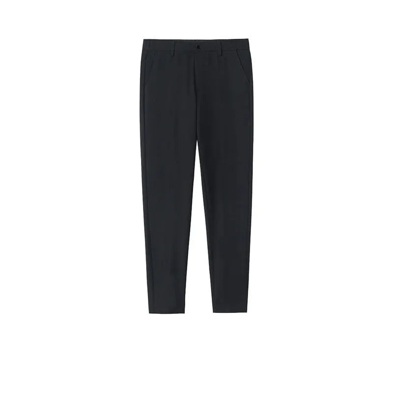 Men's Korean style straight-leg cotton trousers with drawstring waist in black grey khaki colours