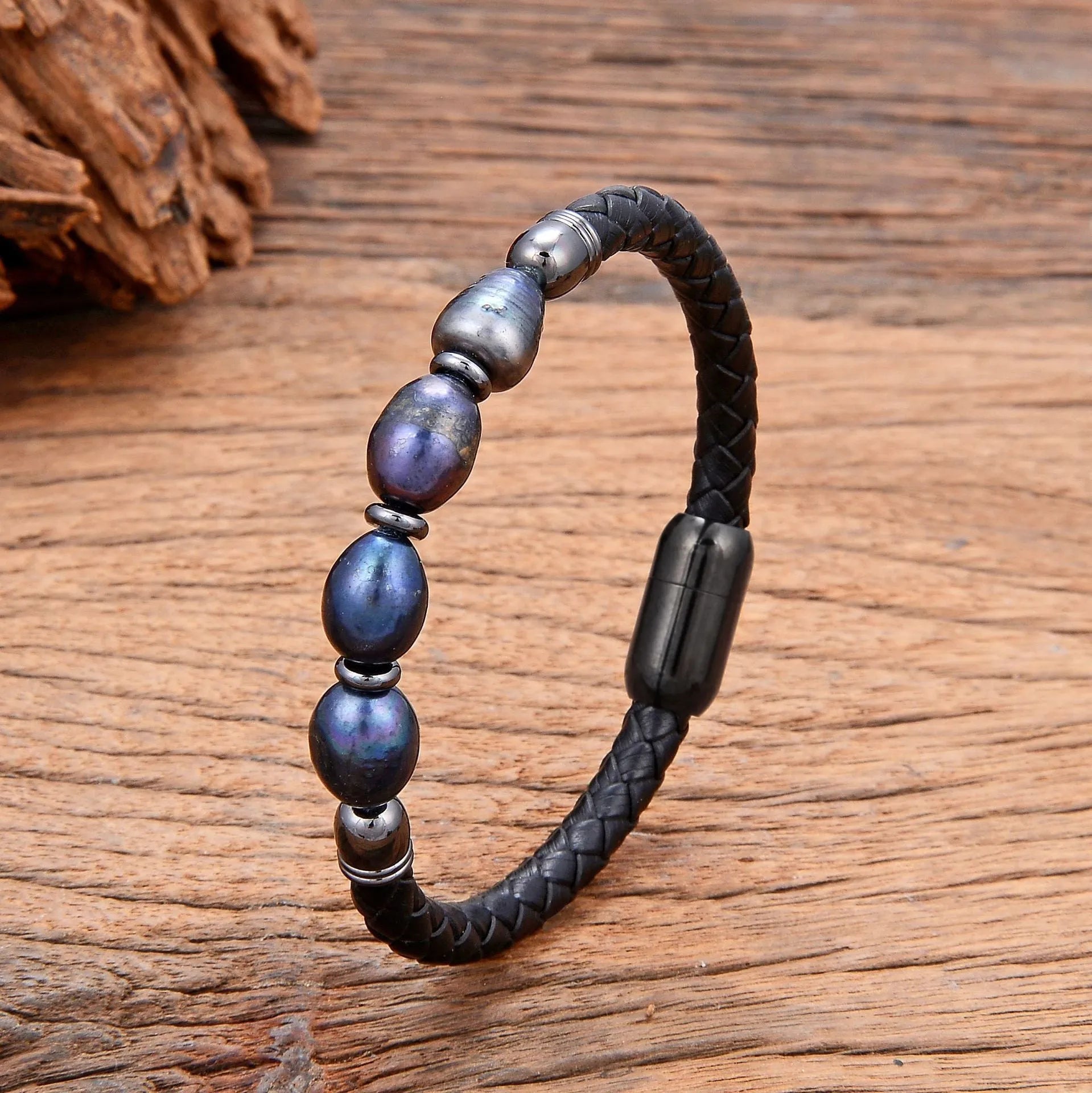 Unisex leather bracelet with irregular shaped pearls in Korean style design