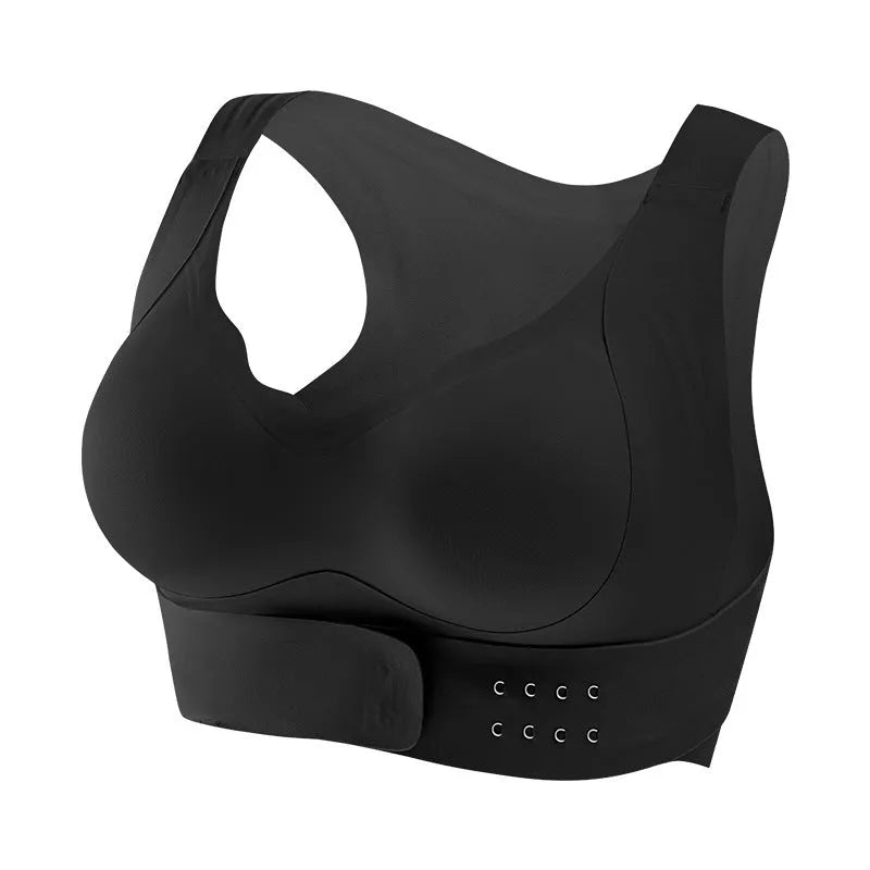Women's front buckle sports bra in black with back shaping and double shoulder straps