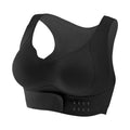 Women's front buckle sports bra in black with back shaping and double shoulder straps