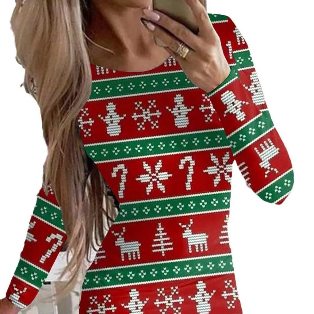 Red Christmas dress with animal print pattern, round neck and long sleeves, shown in a fitted hip skirt style.