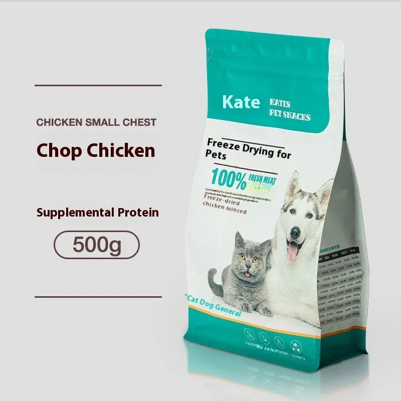 500g freeze-dried chicken cat snacks in resealable bag or barrel packaging
