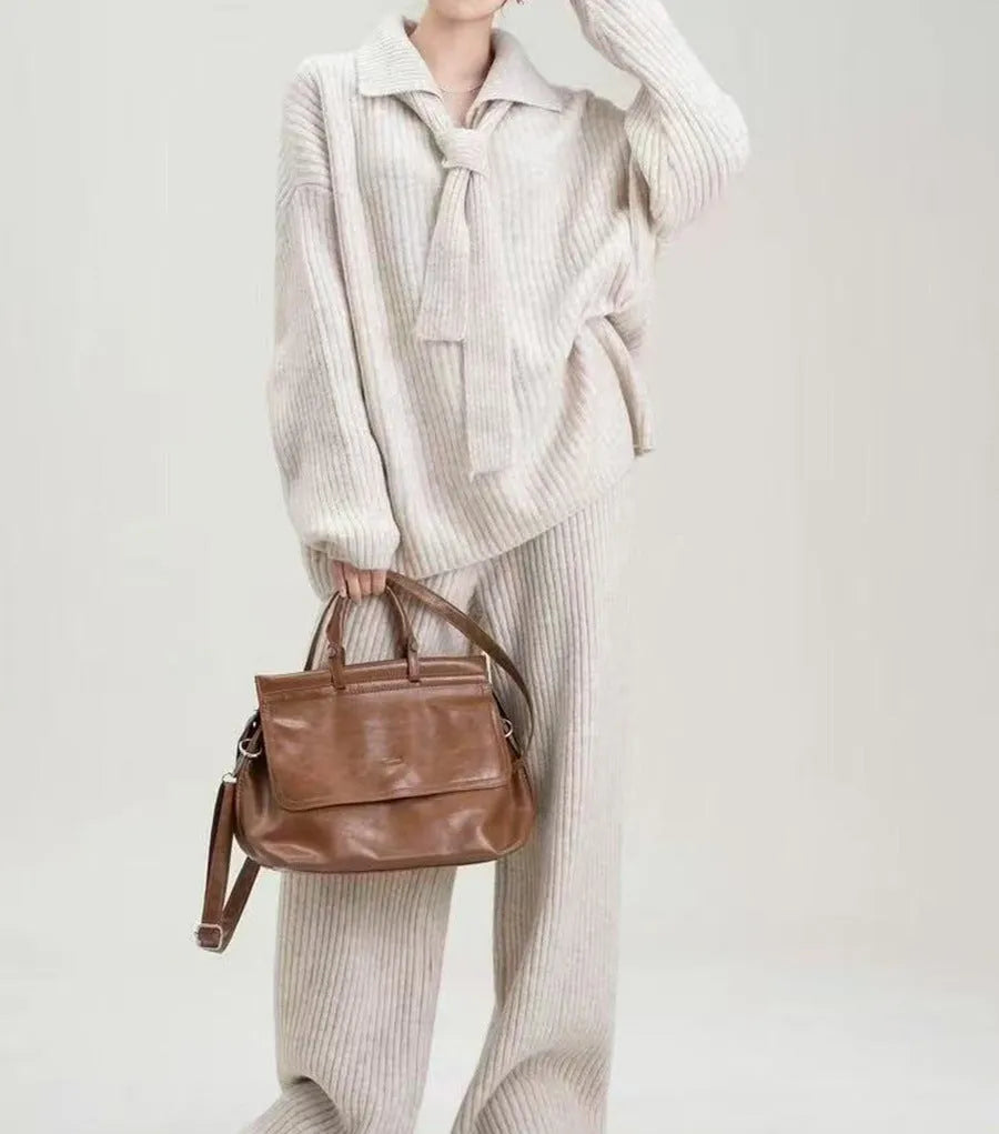Beige acrylic fibre imitation cashmere sweater suit two-piece set with long sleeve top and trousers.