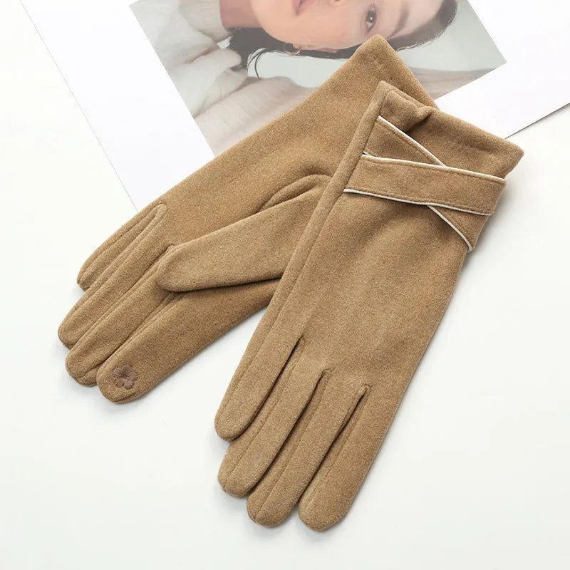 Women's winter touch screen gloves, velvet padded, polyester, average size, black beige khaki pink