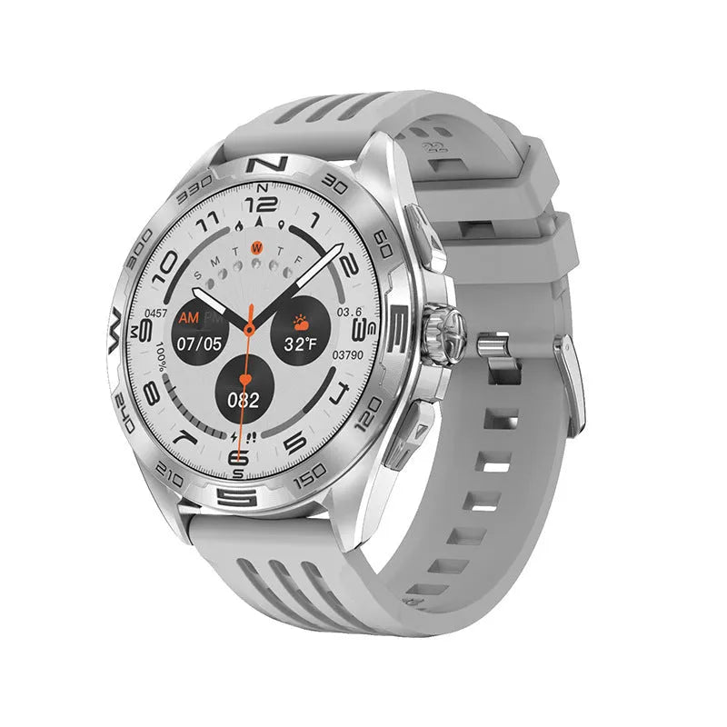 Smart watch for men displaying health metrics on an IPS screen, shown in black steel finish.