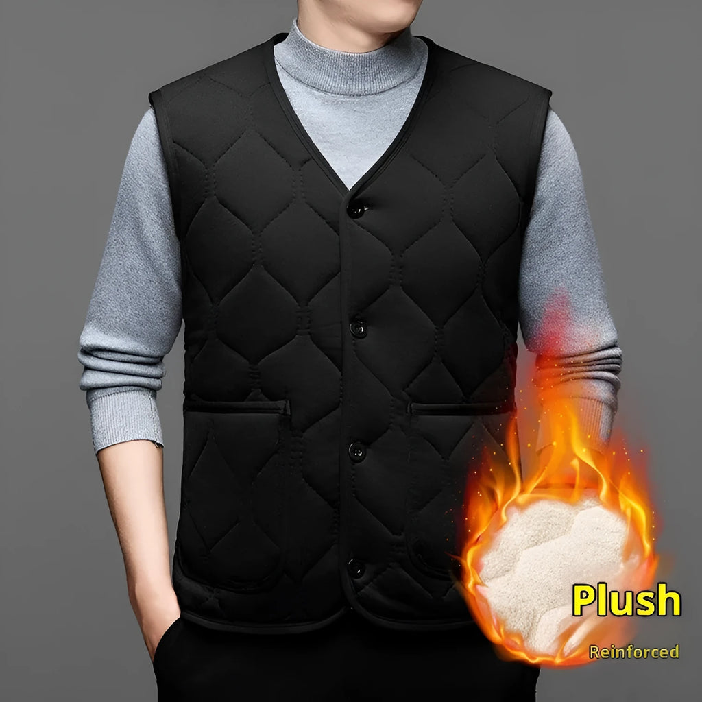 Middle-aged men's fleece-lined thick cotton blend vest in solid colour cardigan style no hood black and grey