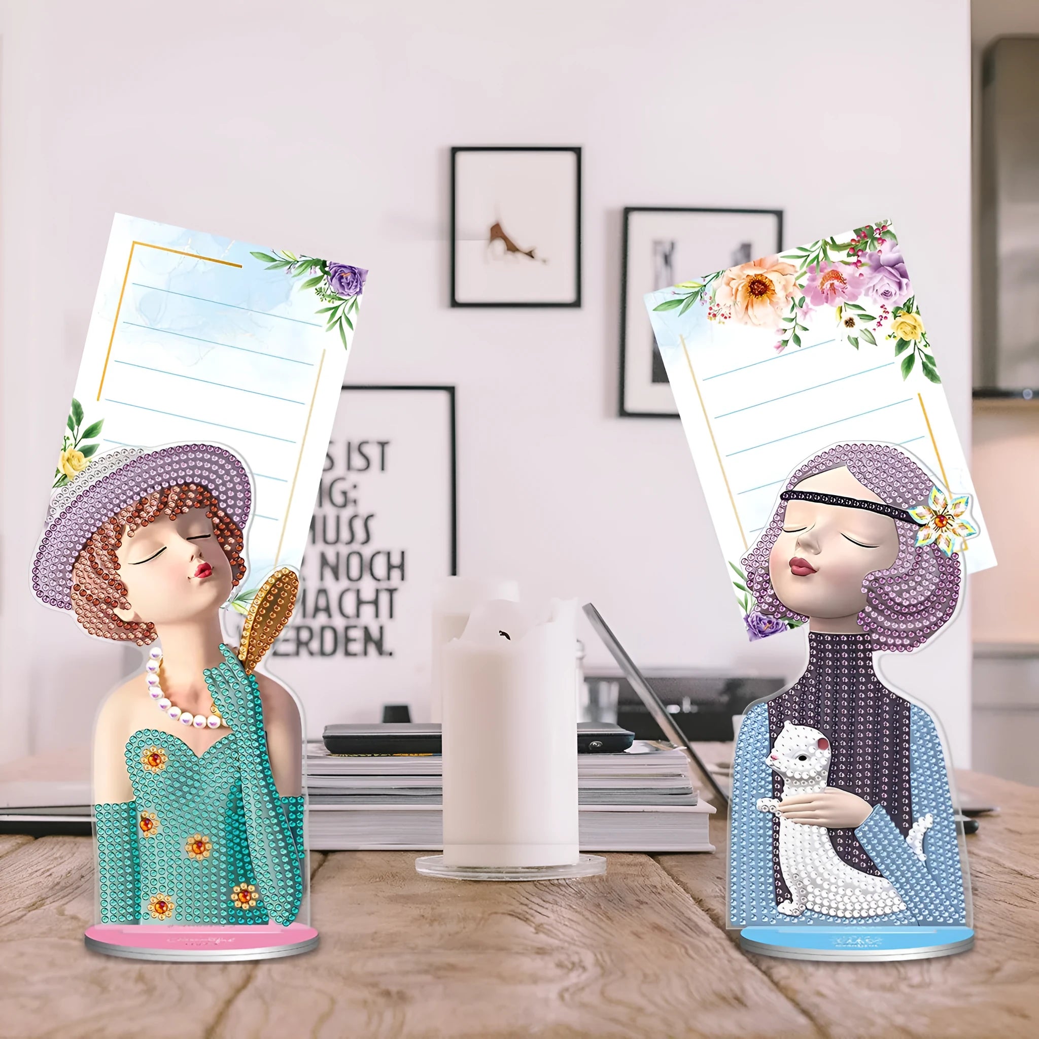 Handmade frameless diamond painting decorative note clip holder on a tabletop.