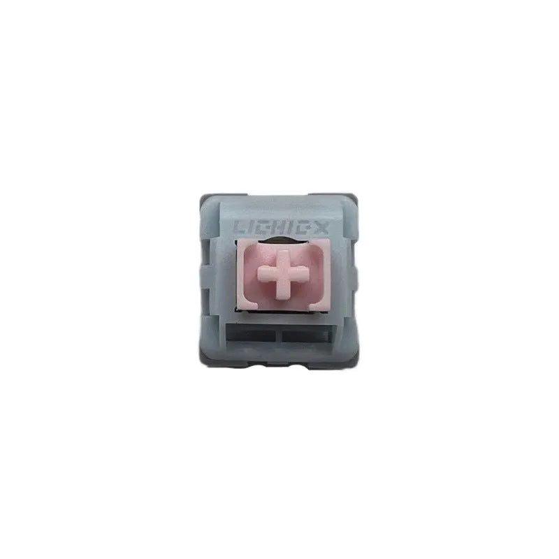Four Dew Axis-4 linear mechanical keyboard switches with clear top housing on a white background.
