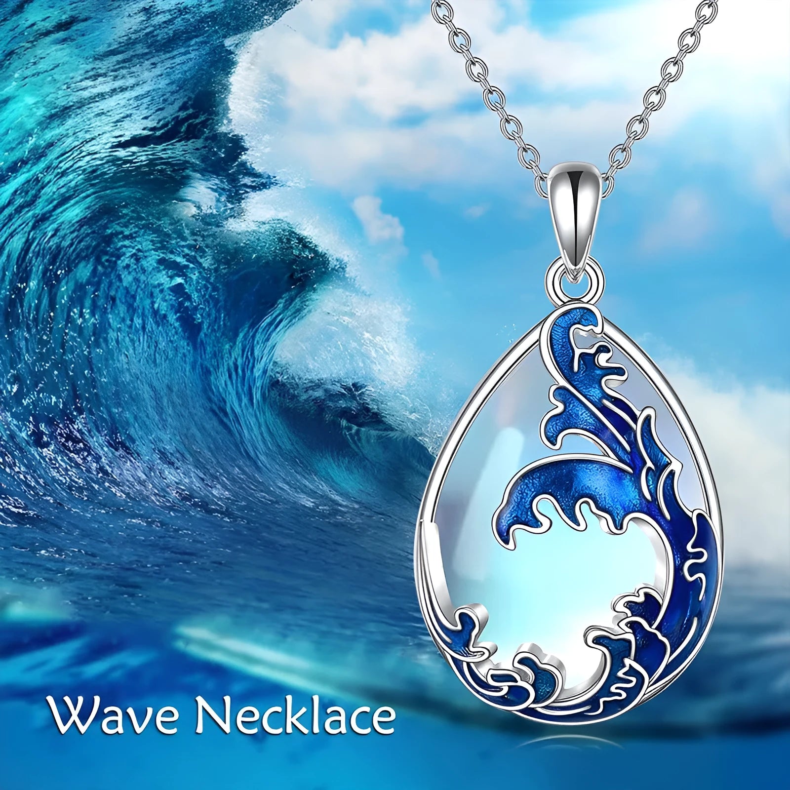 Moonstone blue heart-shaped alloy pendant necklace on a silver-plated chain for women.