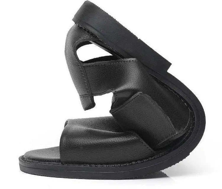 Men's black and brown leather casual sandals with open toes and rubber soles on a size chart.