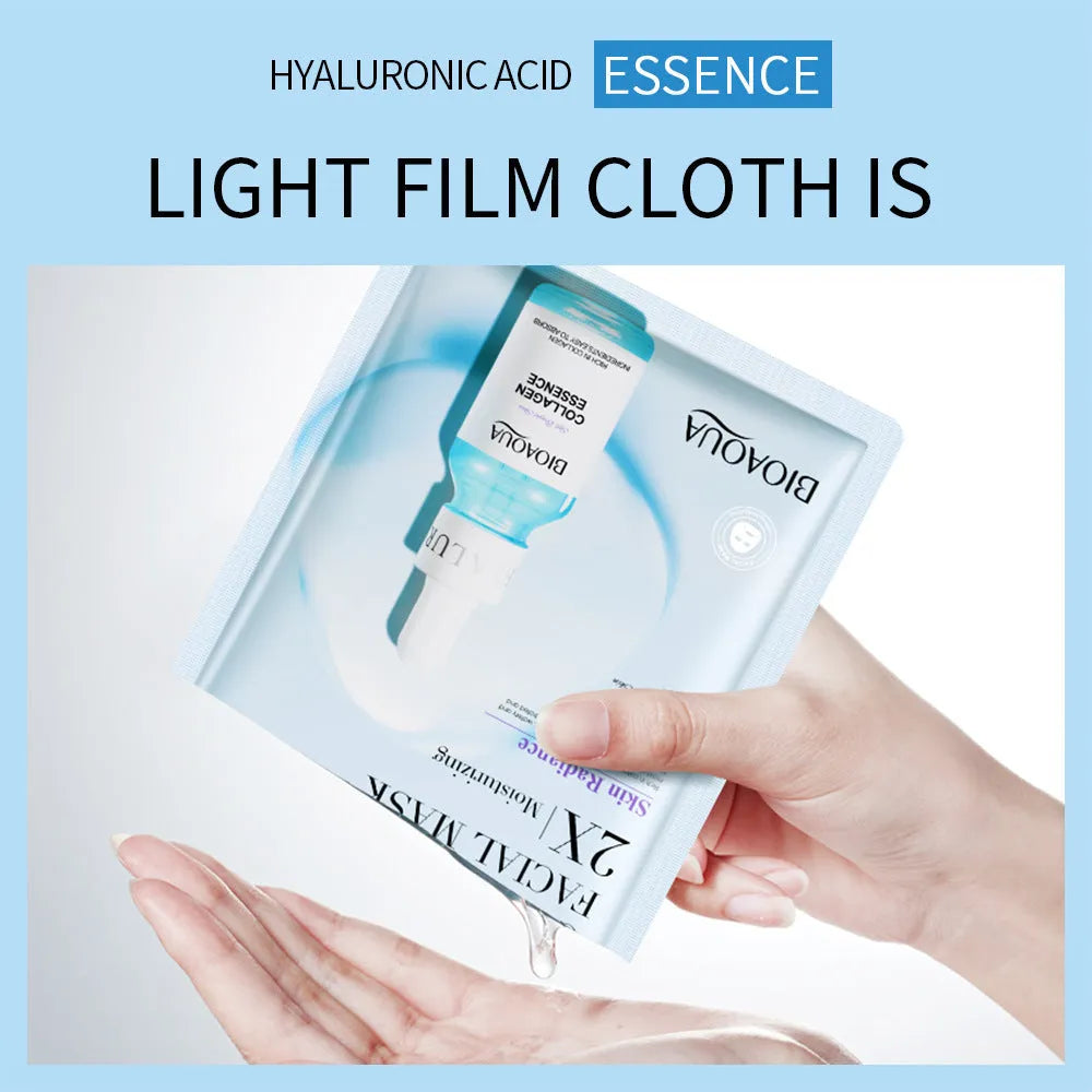 Collagen, Hyaluronic Acid, Vitamin C and Centella Asiatica gel sheet face masks in individual packets.