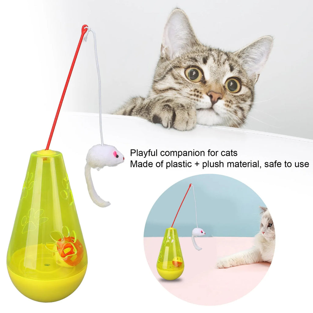 Blue and yellow cat toy with bell ball, treat dispenser, and plush mouse wand for indoor feline play