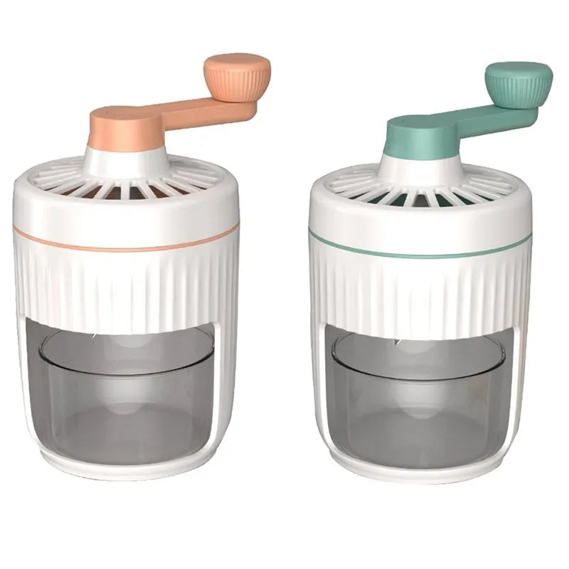 Hand-cranked ice shaving machine in green or orange with removable ice box, PP ABS and 304 stainless steel construction