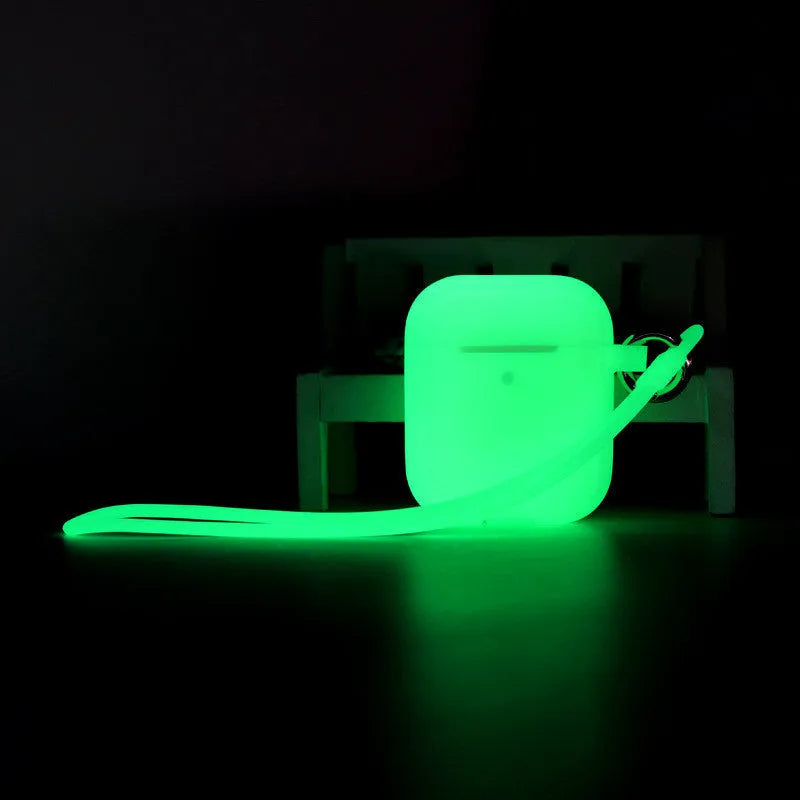 Luminous silicone AirPods case with integrated carrying strap in blue colour