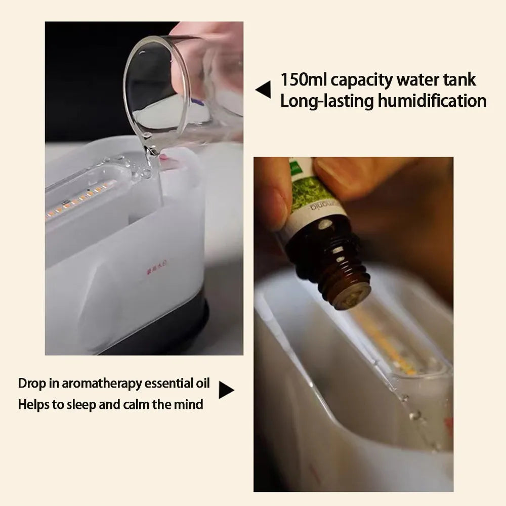 Flame humidifier aromatherapy machine with Bluetooth remote control showing LED flame effect