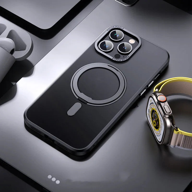 Transparent magnetic iPhone case with aluminium bracket shown on an iPhone 15.