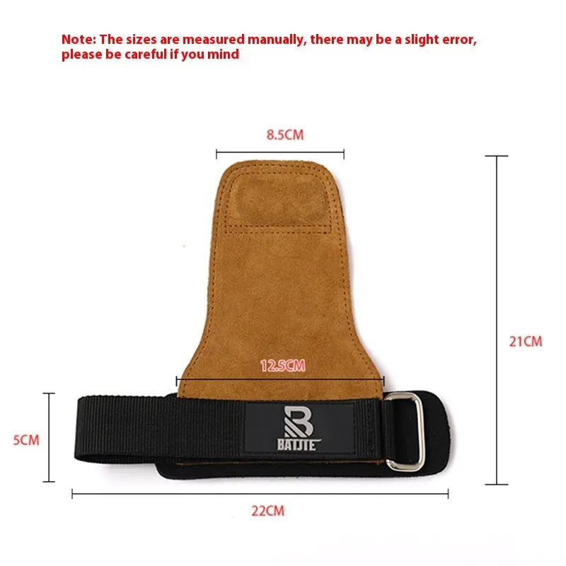 A pair of brown fitness hand protectors or wrist guards laid flat.