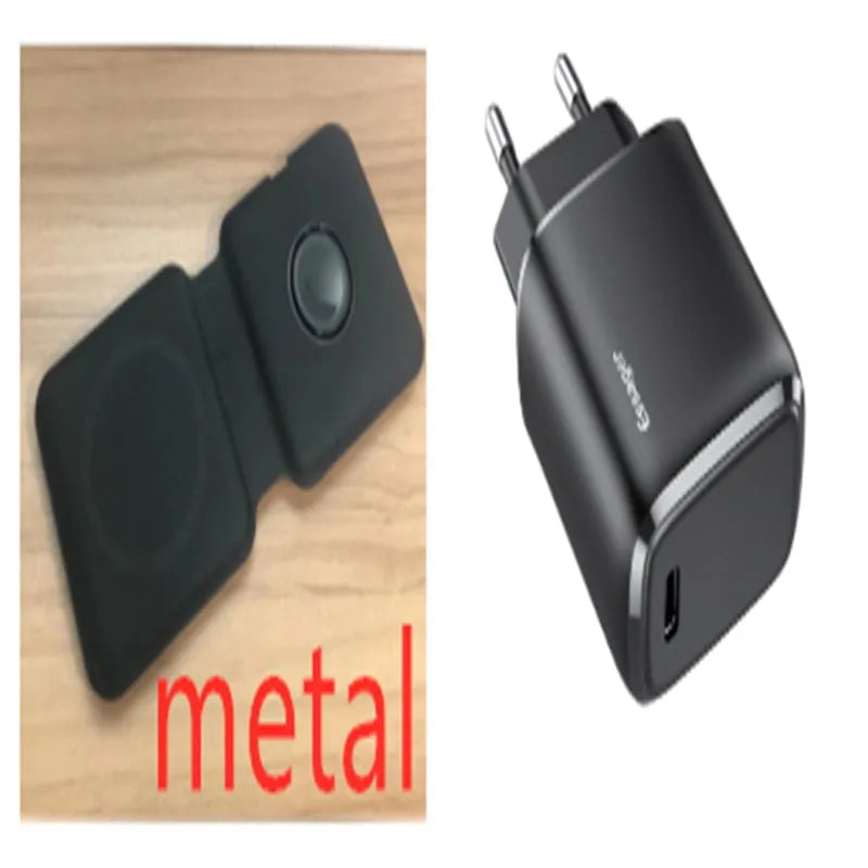 White foldable dual magnetic wireless charging dock showing 15W QI fast charging for two phones.
