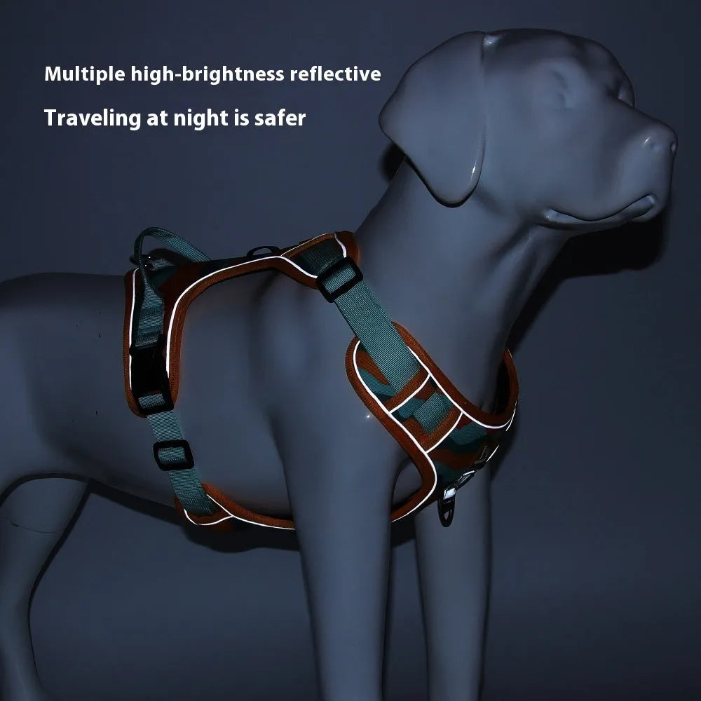 Adjustable dog leash with reflective strips on the chest and back harness, made from orange Oxford cloth.