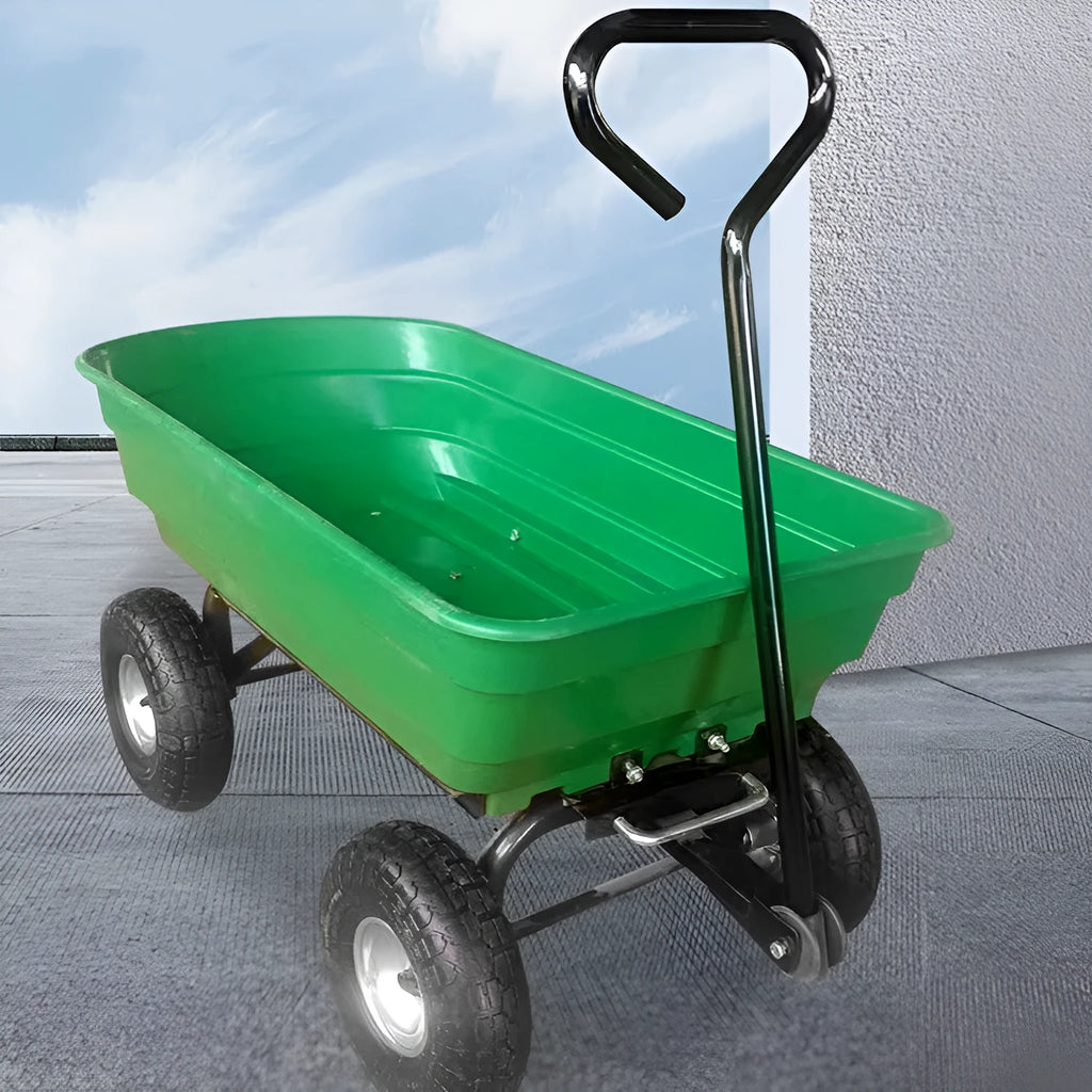 Green four-wheel plastic dump truck with a steel PP body, model TC2145.