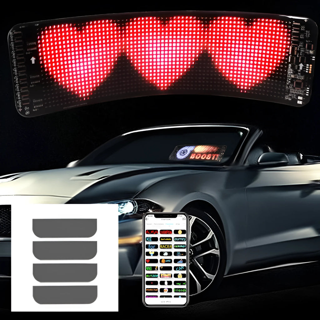 Black flexible LED screen for car rear windshield with Bluetooth control and USB power cable